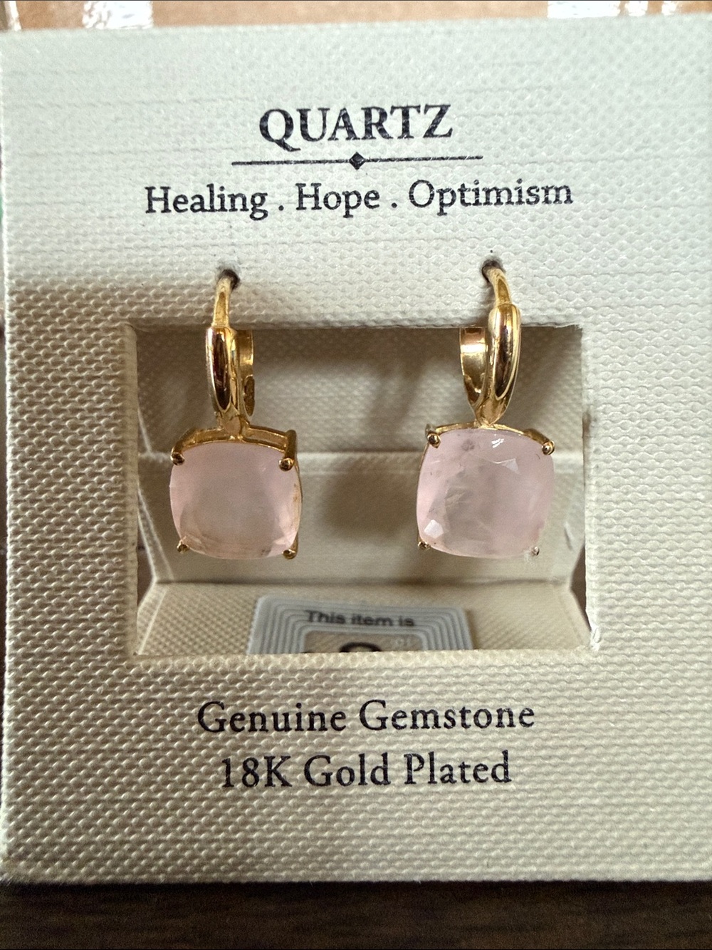 Rose Quartz Cushion Drop Earrings in 18K Gold Plated Setting